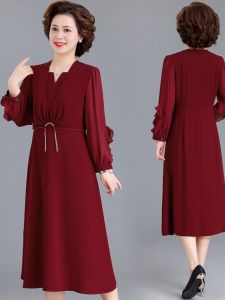 Elegant Midlife Mom Wedding Dress Fashionable 2025 New Style Long V-Neck Midi Dress Polyester Fiber Loose Fit Gown for Women over 40