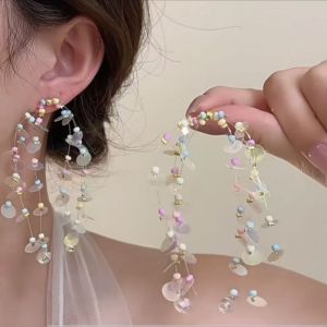 Dopamine Glass Bead Tassel Earrings Seafood Atmosphere Silver Needle Ear Jewelry Fashionable Alloy Post Earrings