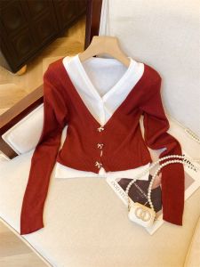Ankela Red Knitted V-Neck Womens Autumn Style Butterfly Knot Open Cardigan Korean Chic Shoulder Length Small Top