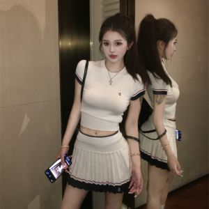 VKSOD | Áo thun tay ngắn dệt kim cổ tròn thường ngày mùa hè cho nữ váy chữ A xếp ly cạp cao bộ đồ hai mảnh