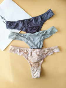 กางเกงชั้นในผู้หญิงเอวต่ำแบบไร้ตะเข็บ 3 ชิ้น ผ้าไหมน้ำแข็ง ยางยืดสูง ขอบลูกไม้ กางเกงชั้นในสตรีสุดเซ็กซี่