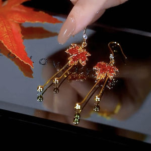 Red Maple Leaf Earrings Womens 2023 New Arrival Trendy Ear Hook Fancy Silver Needle Retro Special Interest Light Luxury Earrings
