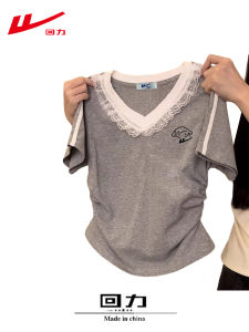 Warrior | Áo Thun Cổ V Tay Ngắn Phối Hoa Văn Xám 100% Cotton Ôm Sát