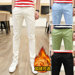 Mens Pure Cotton Fleece Lined Slim Fit Casual Pants Autumn Winter Warm Straight Leg Business Sports Long Trousers