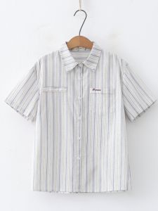 Áo Thun Nữ Tay Ngắn Họa Tiết Sọc Kẻ Caro Thêu Chữ Cái Phong Cách Ngọt Ngào Cổ Polo Nút Nhiều Túi Cotton Mùa Hè Thường Ngày