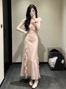 Ge·an·fei | Đầm Hè Nữ Màu Hồng Viền Ren Pháp