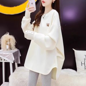Loose Fit Embroidered round Neck Sweatshirt Womens Mid-Length Fashionable Korean Style Top Comfortable Cotton Inner Lining