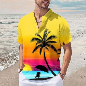 Fashionable Hawaiian Shirt New Mens Short-sleeved Top 3D Coconut Tree Print Casual Beach Party Clothes Loose Breathable Quick-drying Large Size Mens Henley Shirt