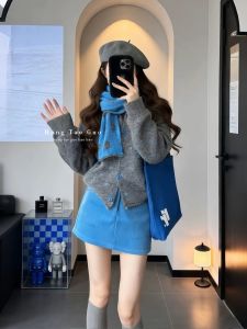 XUECAIQI | Lazy Style Blue Soft Polka Dot Knitwear Set