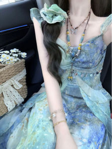 CHANGTONG | French Style Summer Beautiful Print Maxi Dress Sleeveless High Waist Gently Windy Unique Stylish Wrap Waist Slim Fit Dress