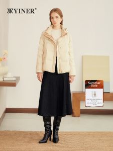 Winter Down Coat Detachable Hood Satin High Density Cocoon Type