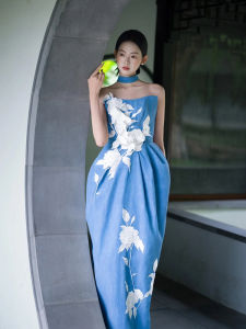 Elegant Chinese Style Wedding Dress Blue Bridal Gown for Engagement And Birthday Celebrations Long A-Line Skirt Evening Gown