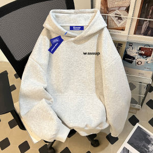 เสื้อฮู้ดคอกลมแขนยาวผู้ชาย WASSUP สไตล์อเมริกันย้อนยุค ทรงหลวม หนา ฤดูใบไม้ร่วง/ฤดูหนาว เสื้อผ้าคู่รัก เสื้อผ้าผู้ชาย