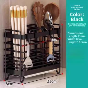 Modern Minimalist Wall-Mounted Kitchen Spoon Chopsticks Storage Rack Carbon Steel Anti-Mold Drainable Organizer for Everyone