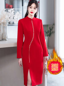 New Chinese Style Fleece Lined Qipao Dress Autumn Winter Elegant Womens Miniature Wedding Dress Drinking Ceremony Dress Skirt