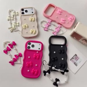 3D Cute Kawaii Bowknot Wavy Edge Phone Case with Pearl Chain Wrist Strap For iPhone 17 Pro Max Air 16 15 14 Plus 13 12 11 Cover