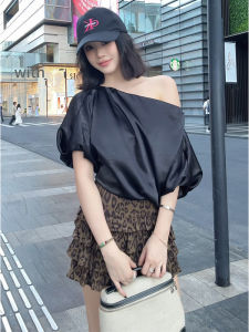 YUEZHONGWEI | Black Satin Bubble Sleeve Off-Shoulder Short Sleeve Blouse