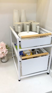 SJorage White Kitchen Storage Rack Under Sink Organzier Pullout Basket Kitchen Organzier With Wooden Handle