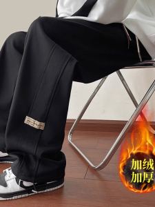 Mens Casual Fleece Lined Thickened Loose Fit Straight Leg Sweatpants American Style Winter Comfortable Sporty Pants