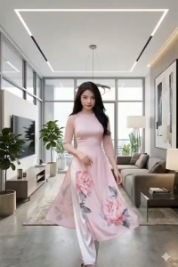 Áo dài truyền thống màu hồng nhạt in hoa mẫu đơn.