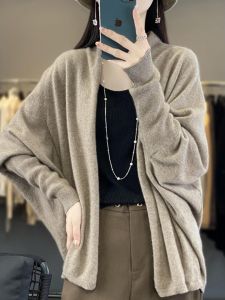 Spring New Batwing Sleeve Woolen Shawl Coat Womens Pure Color Outerwear Loose Cashmere Open Cardigan Trendy Top