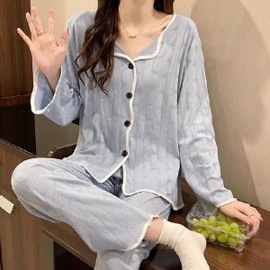Women Collared Pajamas Spring Autumn Student Jacquard Long Sleeve Long Pants Set Loose Home Wear Girls Lady Casual Wear Suitable