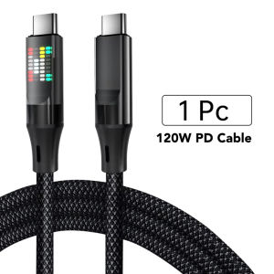 120W Type-C Fast Charging Cable 6A USB A To Type-C Nylon Data Cord For Xiaomi Samsung With LED Display Lights Dual Type-C Cable