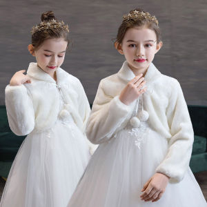 Girls Plush Jacket Princess White Warm Cape Children Wedding Birthday Party Coats Kids Winter Autumn Long Sleeves Clothing