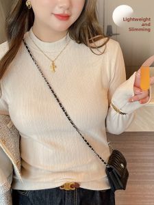 Miiow | Slimming Womens White Mid-Neck Long-Sleeve Knit Top