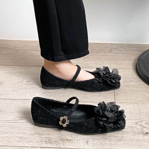 Flat Bottom Single Shoes Womens French Vintage Ballet Buckle Mary Jane Flower Shoes Size 41 to 43 Large Size Womens Shoes