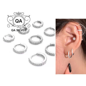 Khuyên tai bạc 925 tròn khảm dải đá chốt lẫy bông nam nữ S925 HOOP QA SILVER Earrings EA250501