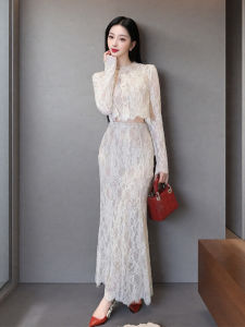 Elegant French Lace Embroidery Dress Set Womens Birthday Party Gown Soft Fashionable High-End Feel Polyester Fiber Skirt