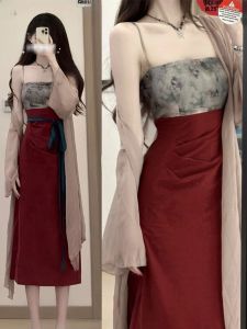 Chinese Style Han Costume Zen Red Cheongsam Suit Womens Summer Fancy Elegant New Chinese Style Improved Dress