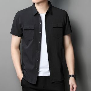 Kemeja Pria Hitam Polos Lengan Pendek Linen Shirt Kasual Slimfit Distro