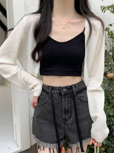 French Elegant Ice Silk Knitted Sun Protection Cardigan Women Summer Thin Shoulder Shawl Cover up Short Top Long Sleeve V Neck