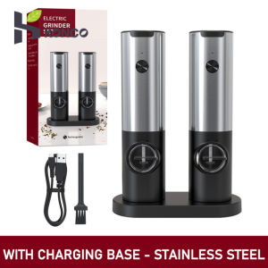 ชุดเครื่องบดเกลือและพริกไทยไฟฟ้าจาก Konco โรงงานผลิตที่กดพริกไทยอัตโนมัติชาร์จไฟได้ USB สามารถปรับความหยาบได้พร้อมไฟ LED แท่นชาร์จ