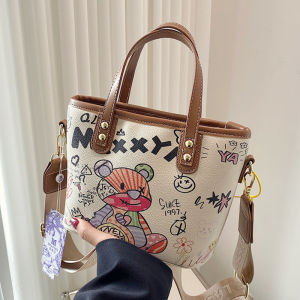 Cute Cartoon Graffiti Bucket Bag Womens Fashionable Versatile Small Shoulder Crossbody Bag Retro Handbag PU Leather Print