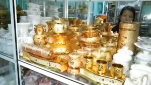 Lư hương thờ cúng kim sa vàng-có khay hứng tàn nhang-Nhiều cỡ