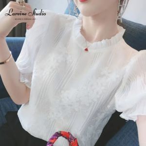 LAREINE Womens Lace Top Korean Casual Style Bubble Sleeve Half Turtle Neck Short Sleeve Chiffon Blouse Top