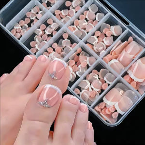 Dorisna 120Pcs Glossy Nude Pink French Press-On-Toenail Set Short French Square Fake Toe Nail Tips Solid-Color
