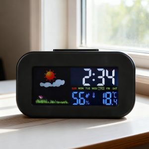 Mini Weather Forecast Digital Alarm Clock with Backlight Temperature Humidity Week Display Electronic LED Clock for Living Room