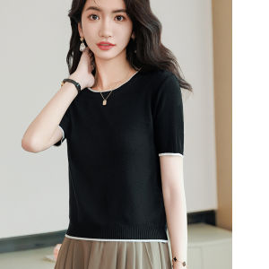 Summer 2025 Ice Silk Knitted Top Womens Color Block round Neck Half Sleeve Thin Short High Waist Small Size T-Shirt Upper Body
