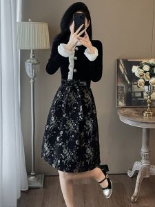 Elegant Autumn Winter A-Line Mini Dress Womens Design Sense Waist-Cinching Short Skirt Floral Embellished Invisible Zipper