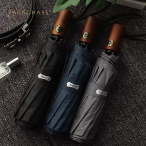 LORDWEY & Parachase Automatic Umbrella Men Business 10 Ribs Wood Handle Golf Sun Umbrellas Windproof Anti UV Parasol Clear Umbrella UPF50+