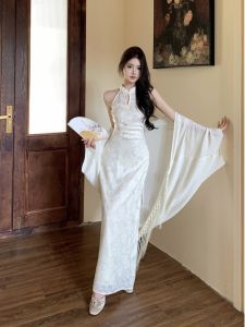 Elegant New Chinese Style Sleeveless Neck Hanging Long Qipao Dress Womens Slim Fit Waist Cinching Skirt Length Summer Dress