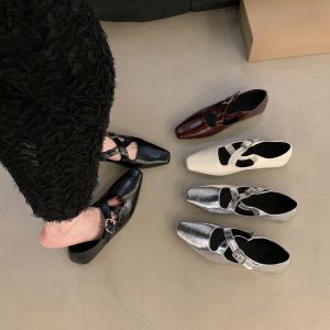 Silver Mary Jane Flat Shoes Womens Early Autumn New Vintage Slip-On Fashionable Ultra-Fine Fiber Lined Comfortable Sole