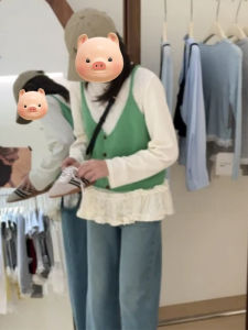 BINKAFENNY | Green V-Neck Knitted Crop Top Womens Summer Slim Fit Sleeveless Vest Short Style Commute Fashion Straight Cut Single Piece