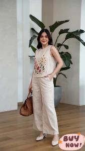 Floral Embroidered Womens Korean Sleeveless Tank Top & Loose Wide Leg Pants Casual 2PCS Set L2367