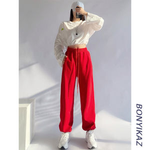 สูง เอว ขาตรง สีแดง กางเกงวอร์ม สําหรับผู้หญิง ลำลอง Street Dance Long กางเกงเชือกรูด กีฬาสไตล์ใหม่ของยุโรป กางเกง