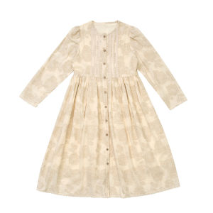 French Vintage Long Tea Break Dress Womens Spring Autumn Linen Cotton Embroidery A-Line Skirt High Waist Button Detail Dress